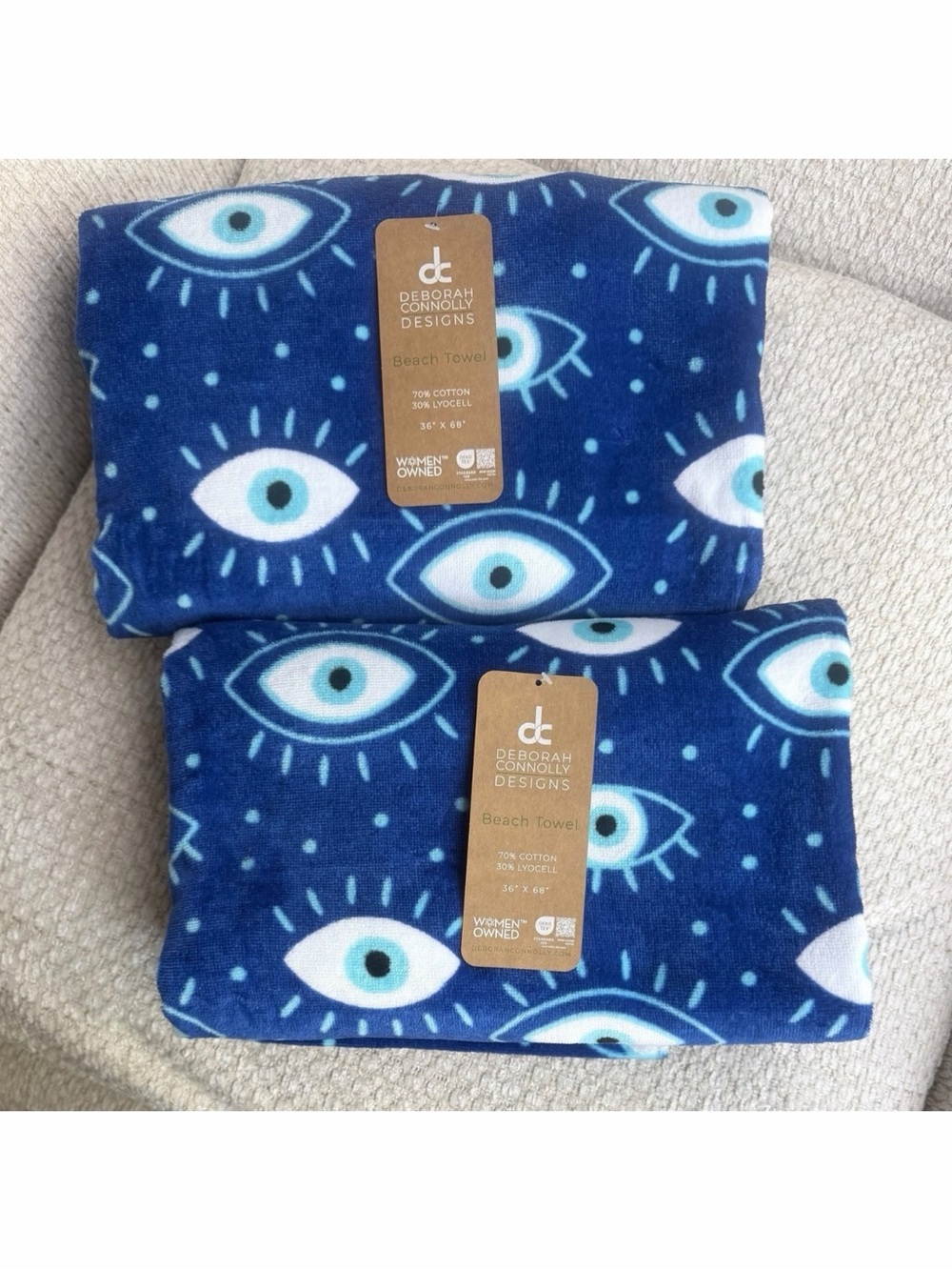 Deborah Connolly Designs Evil Eye Beach Towel 2pc Set  Oversized 36x68 Blue NWT